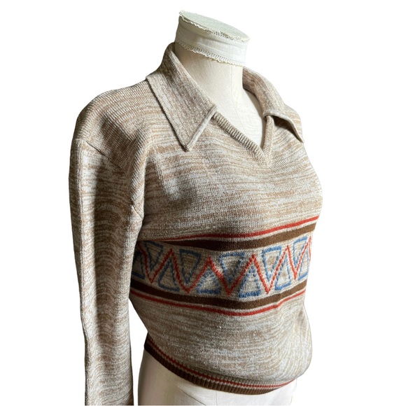 Vintage 70s Knit Space Dye Geometric Collared V-Neck Long Sleeve Brown Sweater - Picture 8 of 10